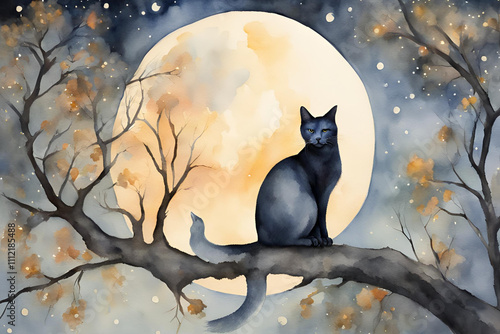 Cat with moon painting animal mammal photo