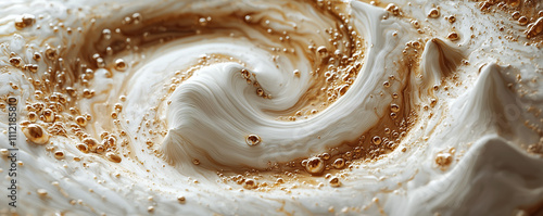 Artistic milk and coffee swirl with intricate patterns and organic shapes, ideal for relaxation and creativity themes.