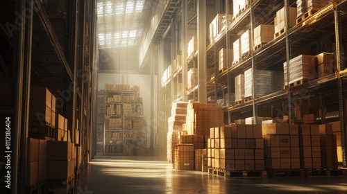 High-resolution image of an industrial warehouse interior with towering racks stacked neatly with cardboard boxes on pallets