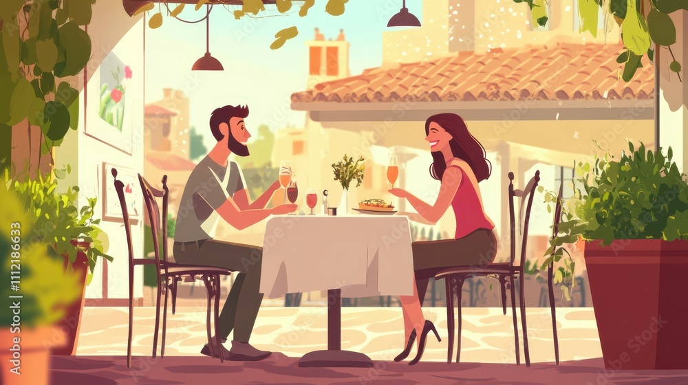 A joyful couple enjoying a delightful meal together at a cozy restaurant during a sunny afternoon A joyful couple enjoying a delightful meal together at a cozy restaurant during a sunny afternoon