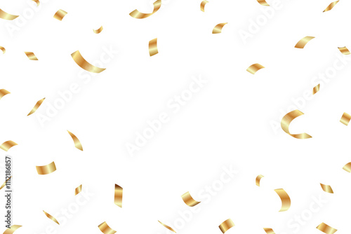 Realistic Party Gold Confetti Falling on White Background for birthday, anniversary designs. Shiny metal decorative confetti falling