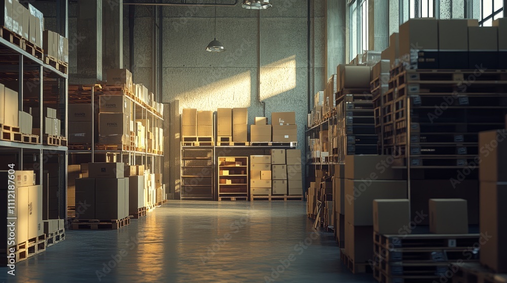 Realistic warehouse interior with high racks full of neatly stacked cardboard boxes, soft lighting, and orderly wooden pallets Realistic warehouse interior with high racks full of neatly stacked cardboard boxes, soft lighting, and orderly wooden pallets