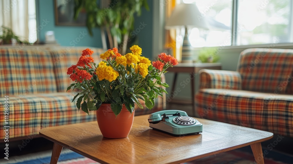 Retro living room with a plaid sofa, a low wooden coffee table displaying bright potted flowers, and a rotary phone in the corner Retro living room with a plaid sofa, a low wooden coffee table displaying bright potted flowers, and a rotary phone in the corner