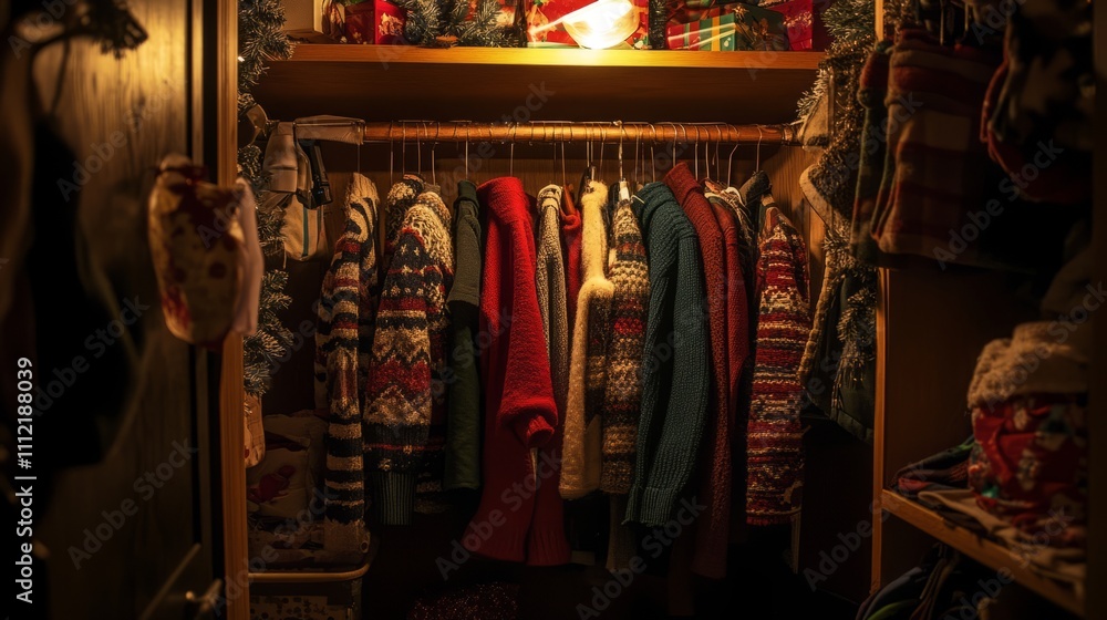 Fototapeta premium A dimly lit closet with holiday sweaters co A dark street corner with a single streetli