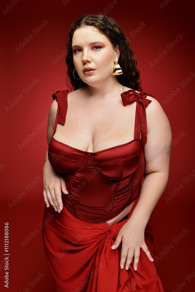 Young woman in bold red outfit poses confidently against a deep red background. Young woman in bold red outfit poses confidently against a deep red background.