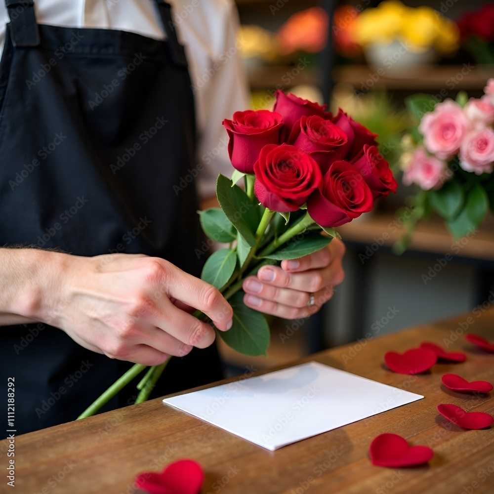 A bouquet of red roses for Valentine's Day is picked by a flower store employee A bouquet of red roses for Valentine's Day is picked by a flower store employee
