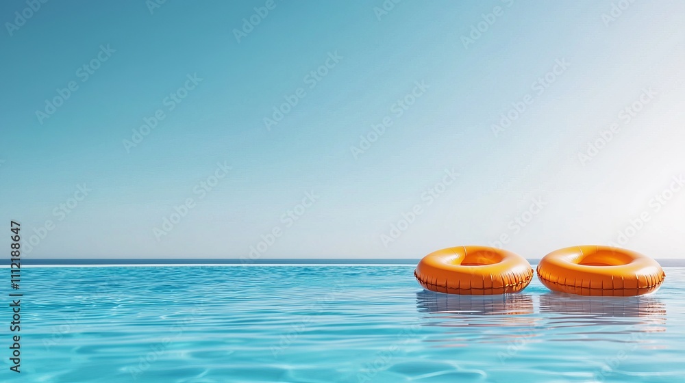 A serene pool scene featuring two orange floaties resting on calm blue water under a clear sky. A serene pool scene featuring two orange floaties resting on calm blue water under a clear sky.