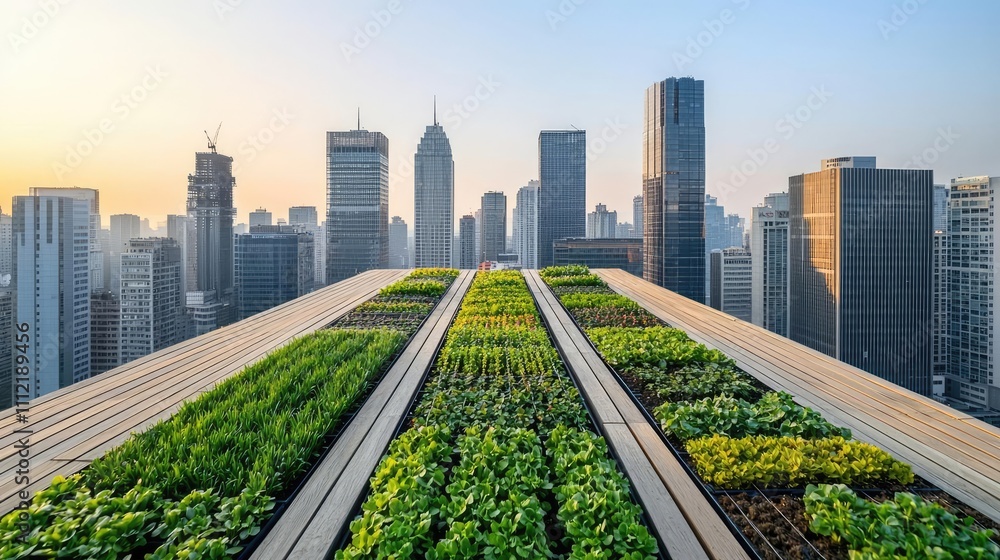 Fototapeta premium Urban rooftop garden with greenery amidst skyscrapers under morning light.