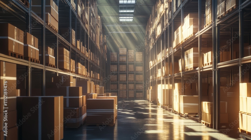Ultrarealistic image of a warehouse interior showing neatly arranged cardboard boxes on towering steel racks, lit by natural light Ultrarealistic image of a warehouse interior showing neatly arranged cardboard boxes on towering steel racks, lit by natural light