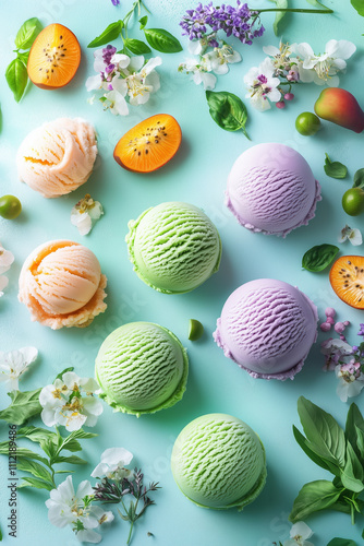 Colorful Natural Ice Cream with Fruits, Nuts, and Herbs in a Clean, Fresh Aesthetic for a Modern Company photo