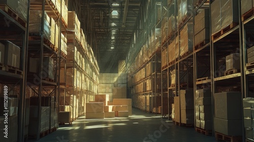 Wallpaper Mural Ultrarealistic image of a warehouse interior showing neatly arranged cardboard boxes on towering steel racks, lit by natural light Torontodigital.ca