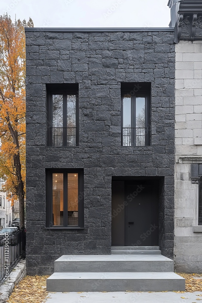 Modern Urban Home With A Black Stone Facade, Minimalist Design, And Architectural Details. Modern Urban Home With A Black Stone Facade, Minimalist Design, And Architectural Details.