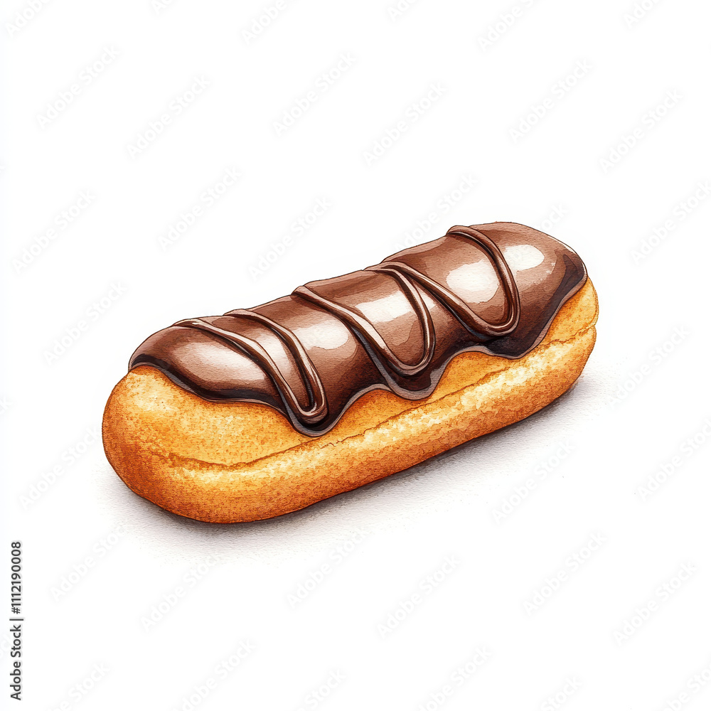 Delicious chocolate eclair with smooth glaze, perfect for dessert lovers. This watercolor illustration captures sweet treat tempting details and textures Delicious chocolate eclair with smooth glaze, perfect for dessert lovers. This watercolor illustration captures sweet treat tempting details and textures