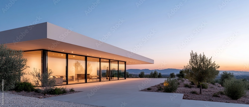 Modern minimalist house with expansive glass and scenic sunset view. Modern minimalist house with expansive glass and scenic sunset view.