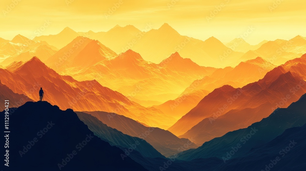 Obraz premium A serene sunset over mountains, highlighting a lone figure standing on a peak, surrounded by a gradient of warm colors.