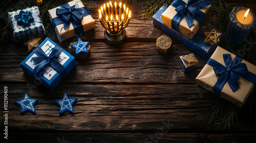 Festive Hanukkah Gifts on Wood photo