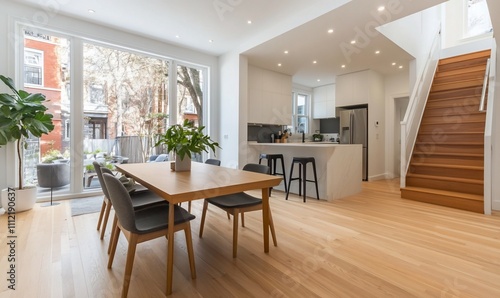 Modern open-concept living space with dining area and staircase.