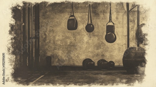 Vintage boxing equipment, sepia tones, classic gym background 