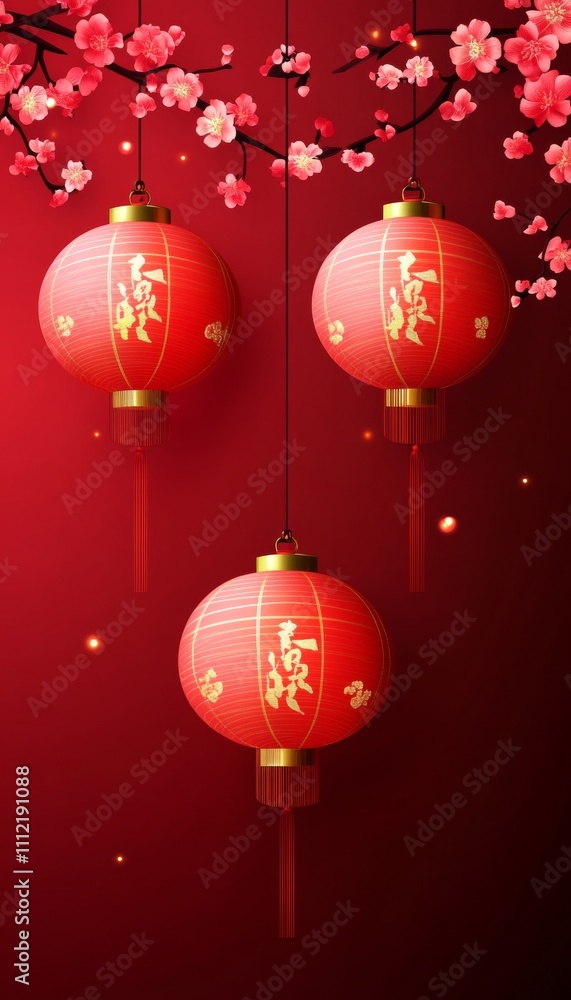 Festive Red Lanterns and Cherry Blossoms on Red Background for Chinese New Year Celebration. Festive Red Lanterns and Cherry Blossoms on Red Background for Chinese New Year Celebration.