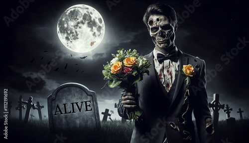 Realistic zombie groom holding flowers in a dark cemetery under a full moon, radiating eerie romance