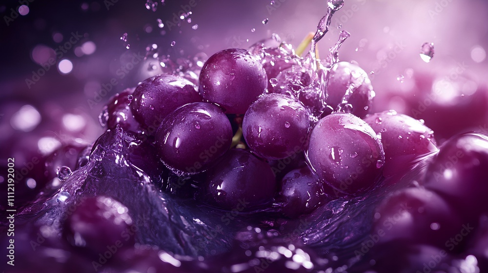 Juicy purple grapes with water splashes on a refreshing background Juicy purple grapes with water splashes on a refreshing background