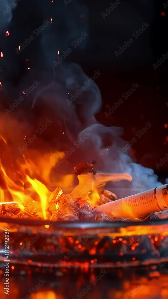Fiery Flames with Smoke in a Dramatic Close-Up Scene Fiery Flames with Smoke in a Dramatic Close-Up Scene
