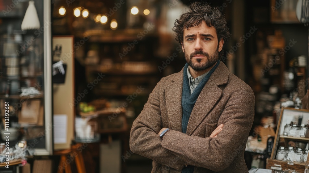 Man with arms crossed stands before a shop Man with arms crossed stands before a shop
