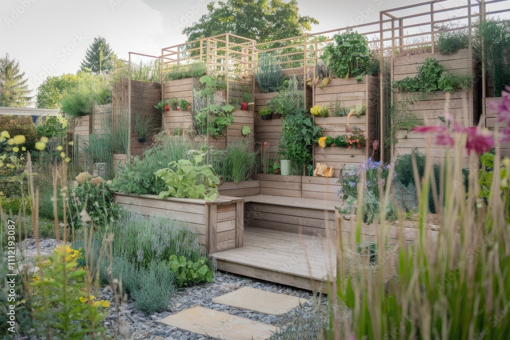 Modern garden showing vertical farming using wooden planters and deck Modern garden showing vertical farming using wooden planters and deck