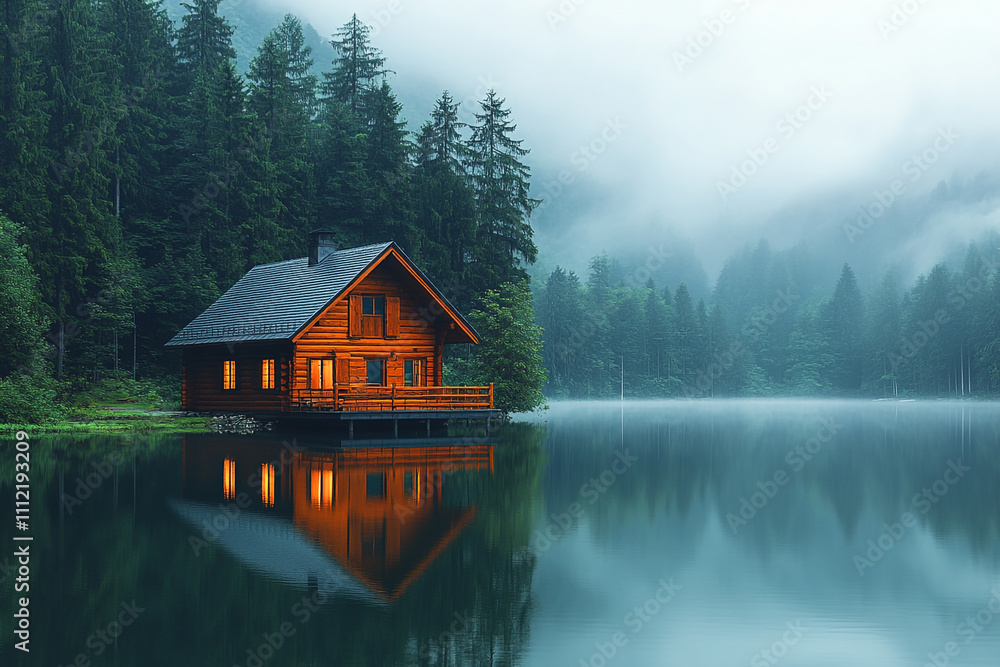 Fototapeta premium Lakeside Cabin Nestled Amongst Misty Forest Trees
