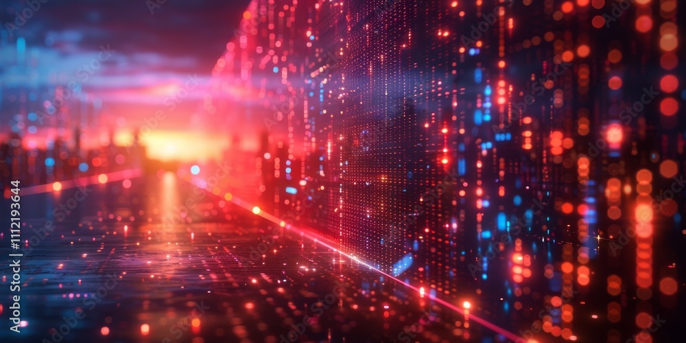 Futuristic cityscape with glowing digital lights and vibrant colors at sunset, symbolizing technology, innovation Futuristic cityscape with glowing digital lights and vibrant colors at sunset, symbolizing technology, innovation