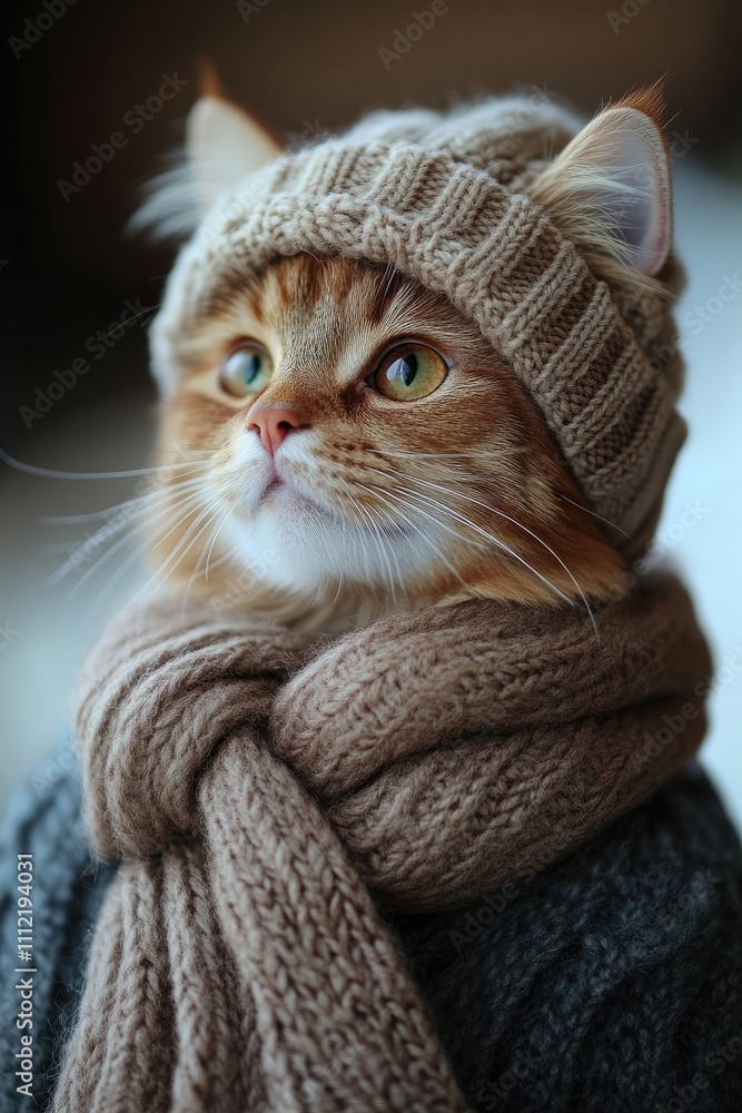 Ginger cat wearing knitted clothes looking up in winter Ginger cat wearing knitted clothes looking up in winter