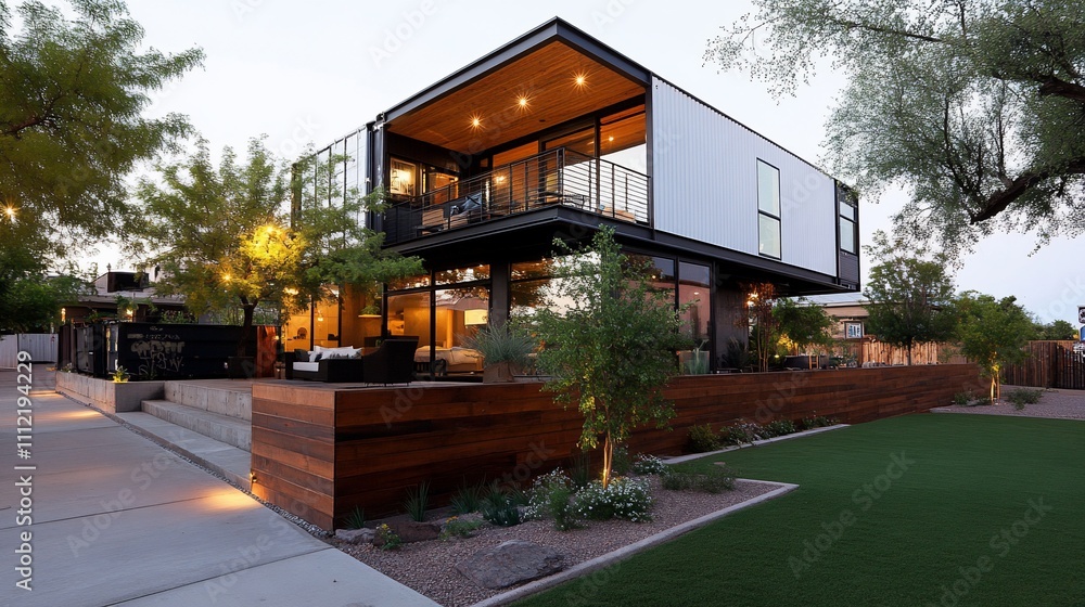 Modern two-story house with stylish design and landscaped surroundings. Modern two-story house with stylish design and landscaped surroundings.