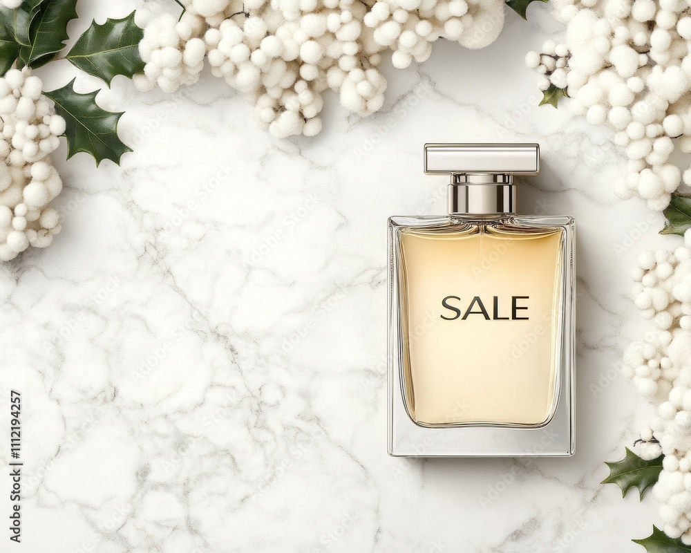 Luxurious perfume Christmas SALE ad golden bottles with holiday accents Luxurious perfume Christmas SALE ad golden bottles with holiday accents