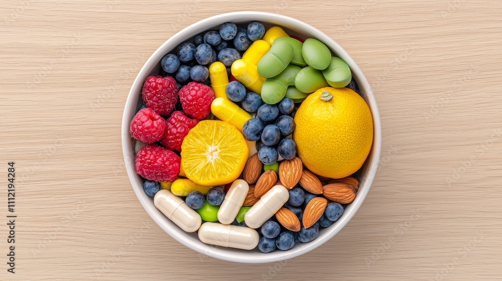 An assortment of fresh fruits, nuts, and vegetables laid out on a wooden table for healthy eating motivation. An assortment of fresh fruits, nuts, and vegetables laid out on a wooden table for healthy eating motivation.