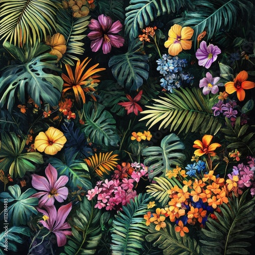 A painting of a jungle with many different colored flowers and plants photo