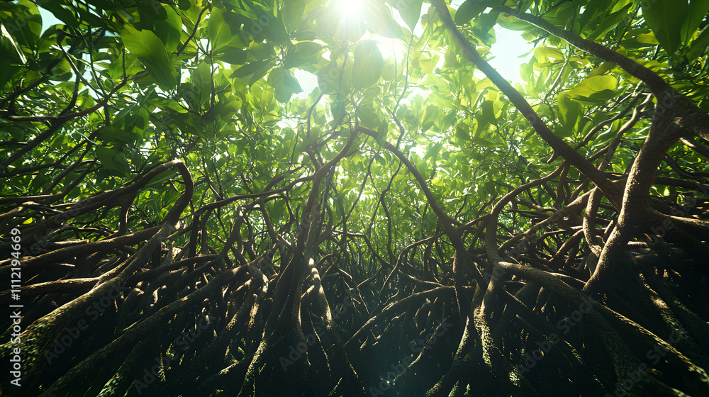 Fototapeta premium Rays of sunlight illuminate a dense forest with intertwined tree trunks and vines, creating a mystical and serene atmosphere..