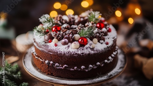 A large chocolate cake topped with festive  A holiday dessert spread with mini cheesece A holiday buffet table filled with appetize