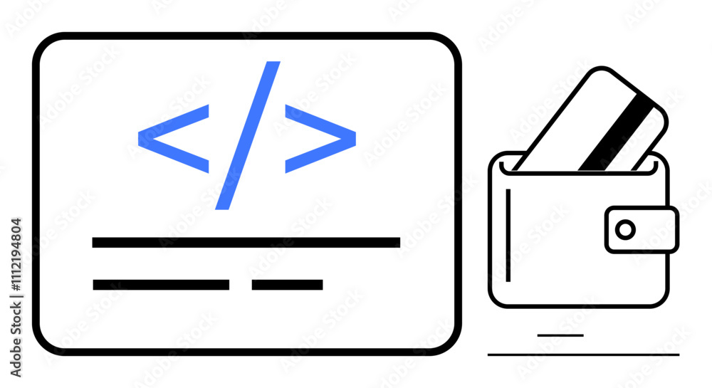 Code snippet with coding symbols on screen beside wallet holding cards. Ideal for digital payments, fintech, e-commerce, web development, online security, software tools, mobile services. Line Code snippet with coding symbols on screen beside wallet holding cards. Ideal for digital payments, fintech, e-commerce, web development, online security, software tools, mobile services. Line