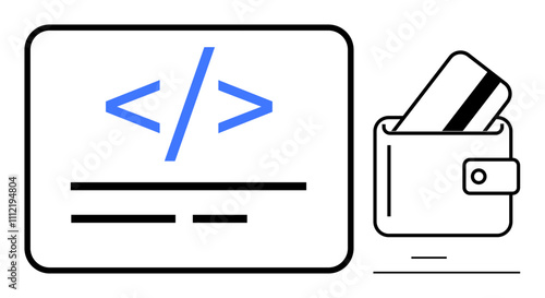 Code snippet with coding symbols on screen beside wallet holding cards. Ideal for digital payments, fintech, e-commerce, web development, online security, software tools, mobile services. Line
