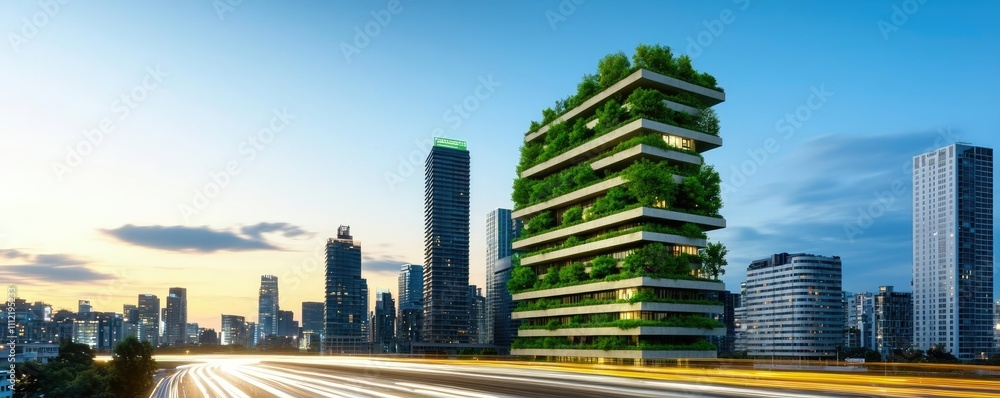 Obraz premium Modern green building in urban skyline with sunset. Architecture design concept.