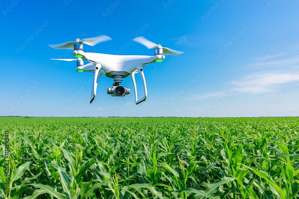 A digital camera-carrying drone soaring over a cultivated field. A digital camera-carrying drone soaring over a cultivated field.