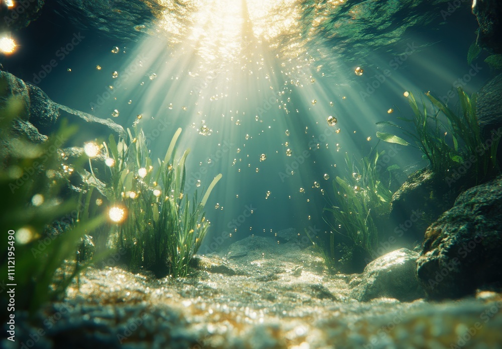 Fototapeta premium Stunning Underwater Scene with Sunlight Filtering Through Water Creating a Magical Atmosphere, Vibrant Green Plants and Air Bubbles Filling the Scene