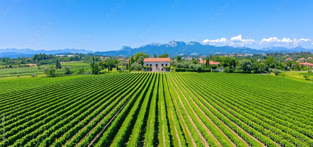 A drone soars over a stunning landscape dotted with vineyards. A drone soars over a stunning landscape dotted with vineyards.