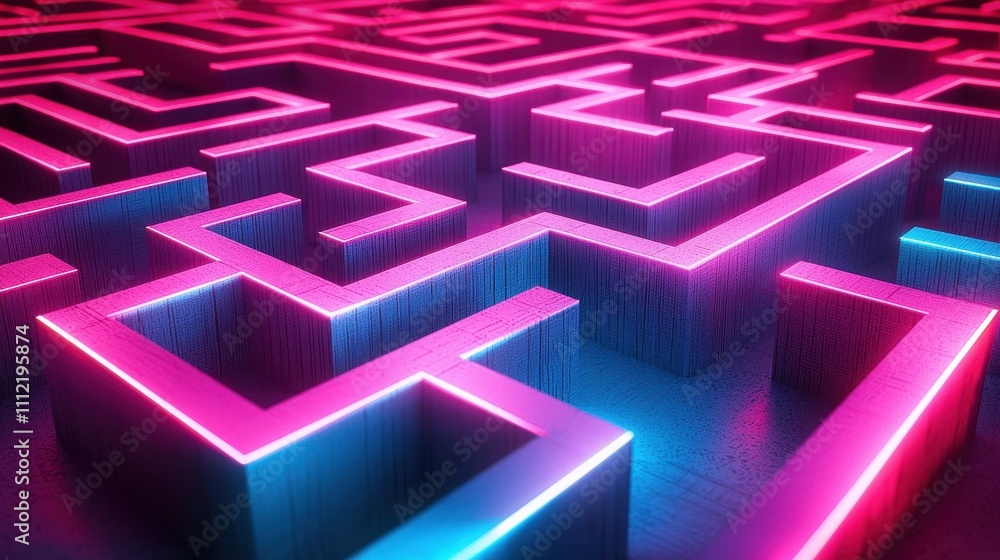 A vibrant, neon-lit maze design showcasing intricate pathways in pink and blue tones, creating a futuristic visual experience. A vibrant, neon-lit maze design showcasing intricate pathways in pink and blue tones, creating a futuristic visual experience.