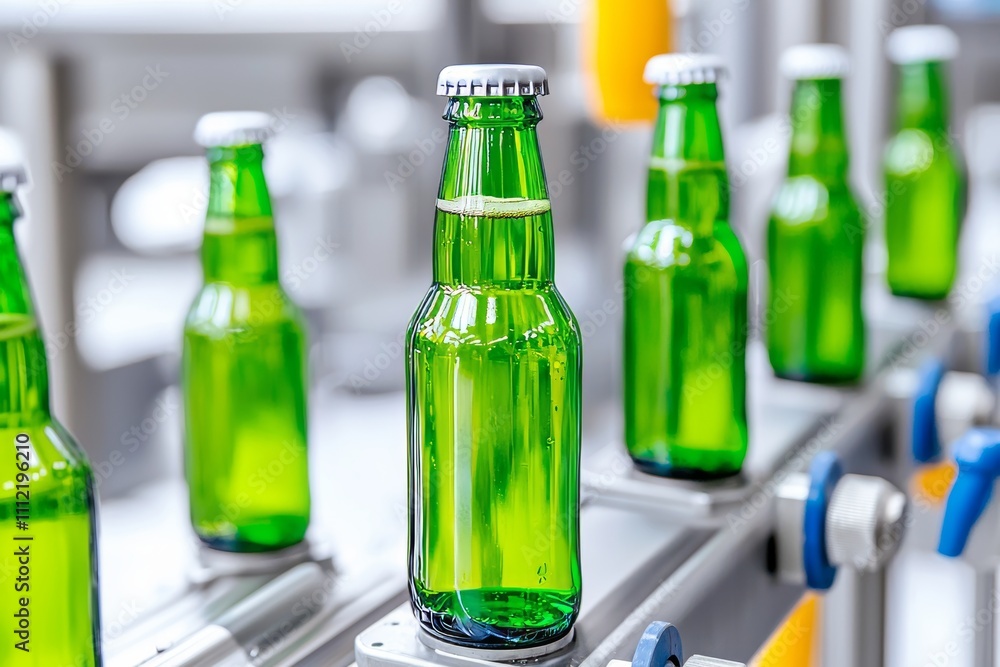 Water bottling facility - A line for processing and packaging pure spring water in green glass bottles, with selective focus. Water bottling facility - A line for processing and packaging pure spring water in green glass bottles, with selective focus.