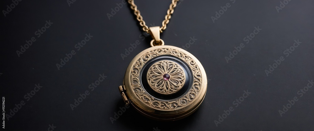 Elegant gold locket on black background, perfect for gifts and keepsakes Elegant gold locket on black background, perfect for gifts and keepsakes