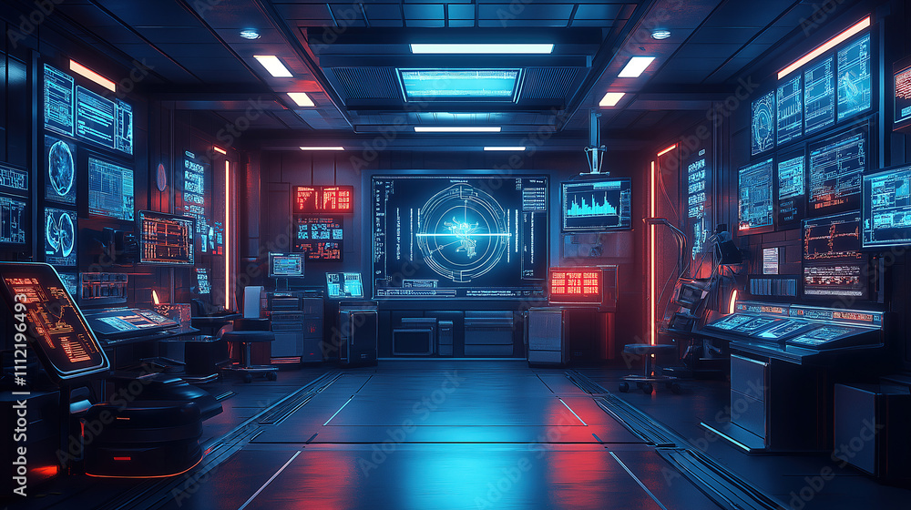High-tech control room with monitors featuring data visualization and futuristic design in a dark environment. Generative AI High-tech control room with monitors featuring data visualization and futuristic design in a dark environment. Generative AI