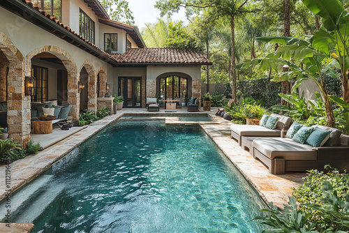 Wallpaper Mural Luxurious Backyard Pool Oasis with Mediterranean Architecture Torontodigital.ca