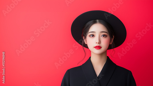 woman in black hat and traditional attire poses against vibrant red background, exuding elegance and confidence. Her makeup is striking, enhancing her features.