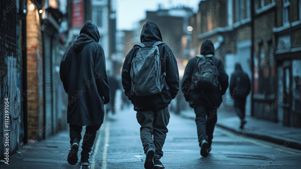 A group of youths wearing hoodies in a bleak urban setting, there is a sense of danger or criminal intent, gang activity - landscape ratio 16:9 A group of youths wearing hoodies in a bleak urban setting, there is a sense of danger or criminal intent, gang activity - landscape ratio 16:9